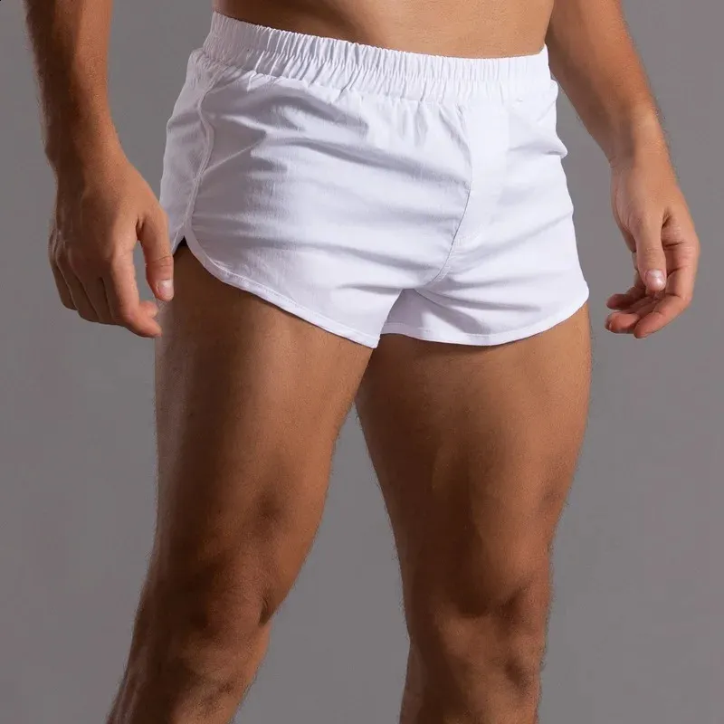 Boxer en coton pour hommes, ourlet rond, bas de sommeil sexy pour la maison, taille ample et extensible, pyjama blanc, slip de salon léger 240318