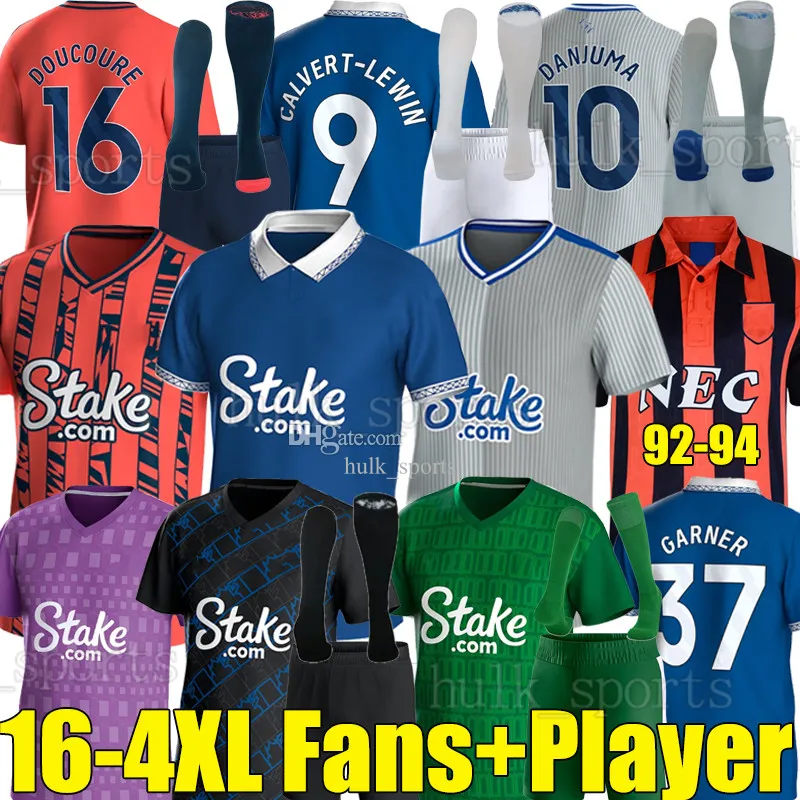 4XL 23/24 Evertons Futebol Jerseys The Toffees Fans Player Versão Calvert-Lewin Doucoure Danjuma Garner Tarkowski Harrison Beto Onana Jovens Homens Kit Kids Kit Meias 1992 94