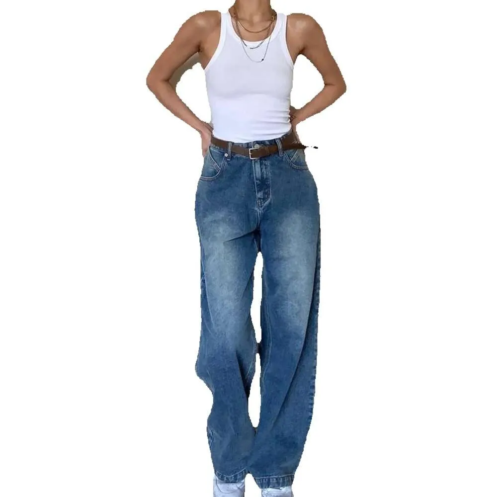 Jeans da donna a vita alta streetwear vintage moda estate pantaloni jeans dritti blu larghi pantaloni in denim larghi a gamba larga da donna GG