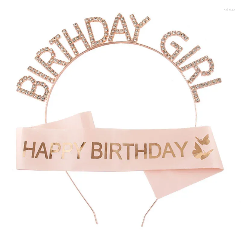 Décoration de fête Joyeux Anniversaire Ceinture Pour Fille Enfants Rose Or Papillon Satin Ceintures Cristal Bandeau Enfants Anniversaire Chapeaux Décor