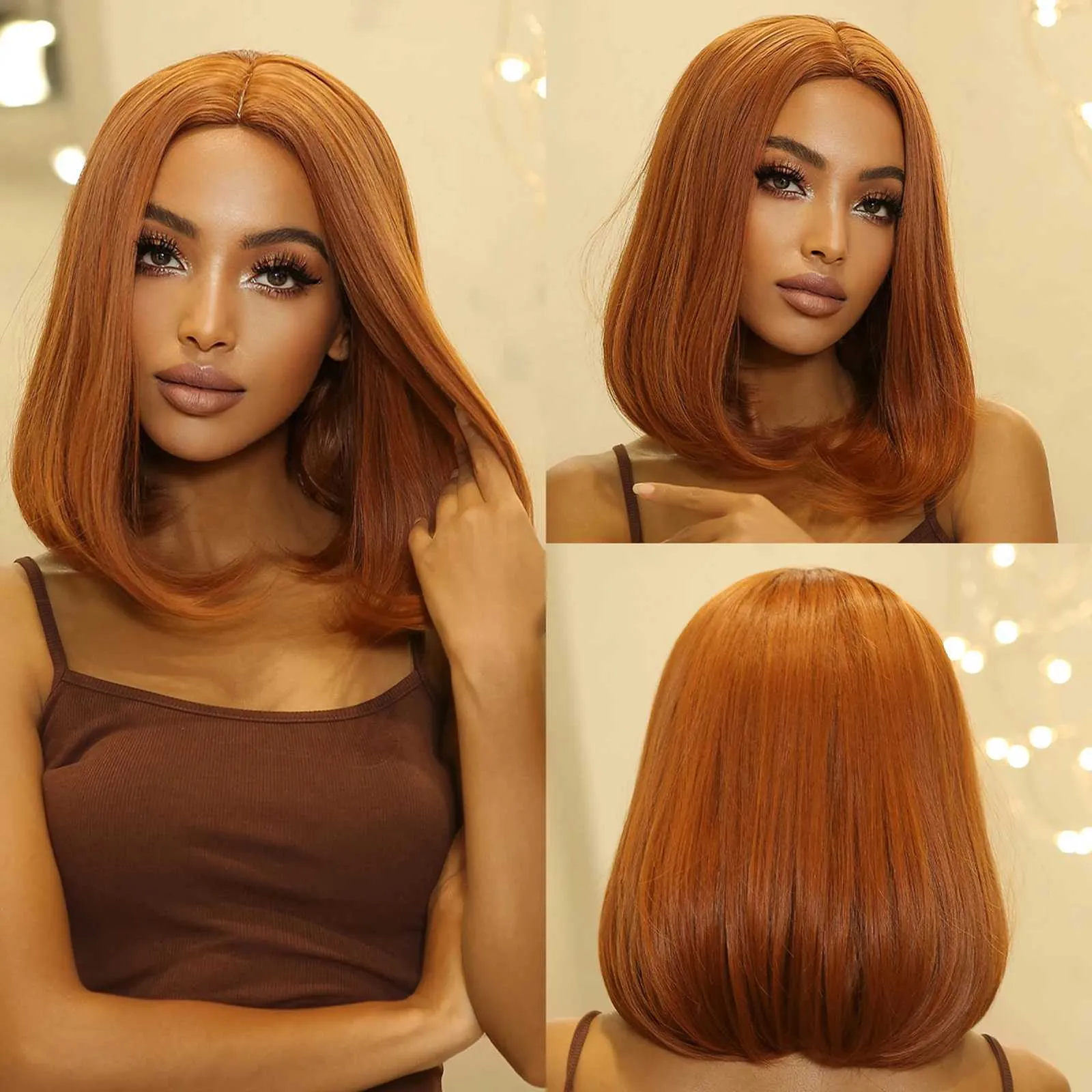 Syntetiska peruker Korta rak Bob Wig Red Brown Copper Ginger Syntetiska peruker för kvinnor afro cosplay naturlig hår Middle del Wig Heat Motentant 240328 240327