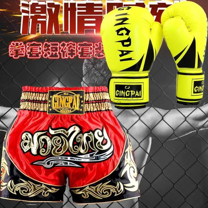 Équipement de protection 1 paire de gants de boxe + 1 pc short muay thai maillot de boxe noir pantalons d'arts martiaux adultes hommes femmes rouge rose MMA gants de boxe yq240318