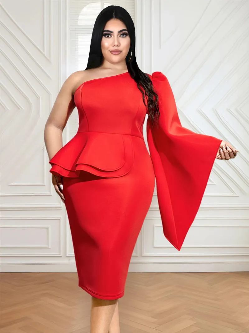 Plus Size Dresses Women Evening Party Dress Sexy One Shoulder Long Flare Sleeve High Waisr Ruffles Package Hip Gowns Birthday Prom Robes