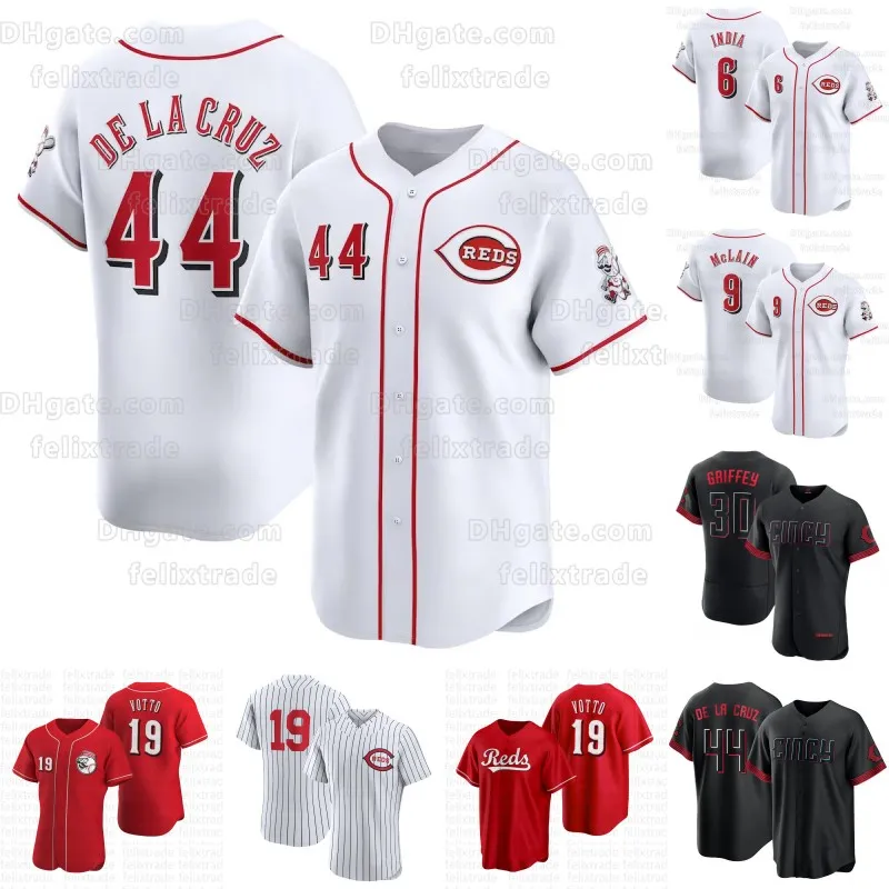 #44 Elly De La Cruz Reds Cincy 2024 Home Player Jersey Joey Votto Jonathan India Luke Maile Tyler Stephenson Nick Lodolo Pete Rose Alexis Diaz 2023 City Connect Jerseys