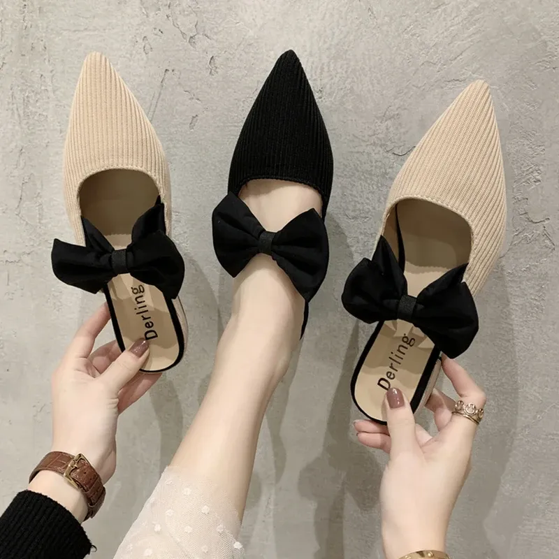 Boots Female Shoes Cover Toe ButterflyKnot Mules For Women 2022 Slippers Casual Square heel Loafers Slides Med New Luxury Pointed