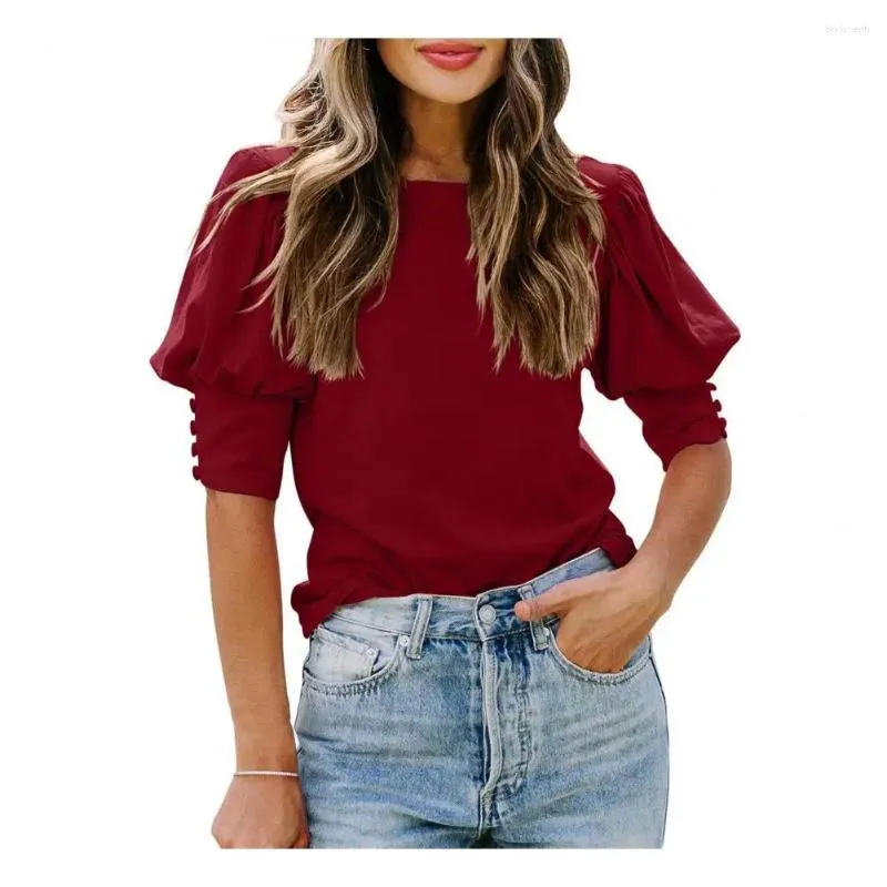 Damesblouses Lady Herfstblouse Elegante zomertop met lantaarnmouwen in effen kleur Zacht ademend T-shirt voor casual kantoorkleding