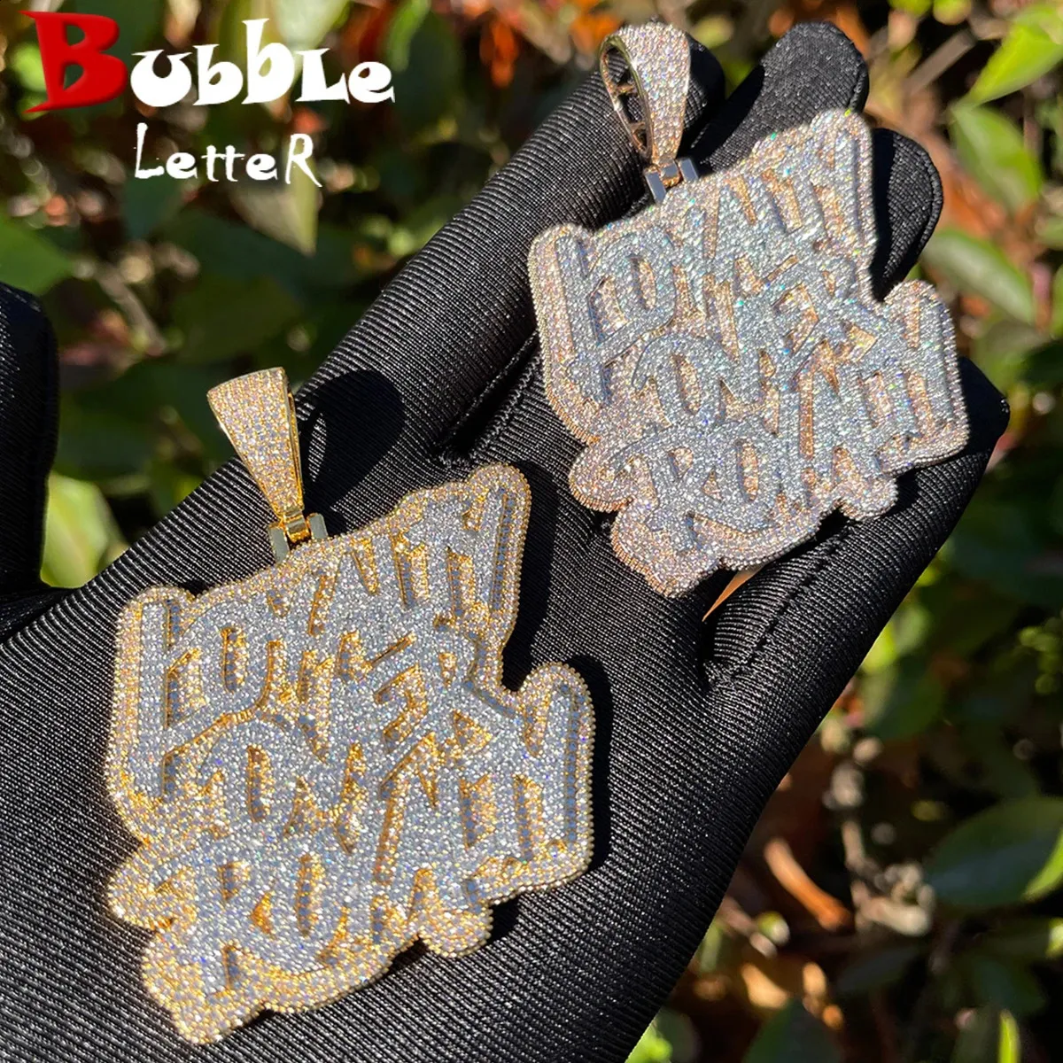 Bubble Letter Iced Out Bling CZ Loyalty Over Royalty Pendant Necklace Cubic Zirconia Two Tone Color Charm Men Hiphop Jewelry 240313