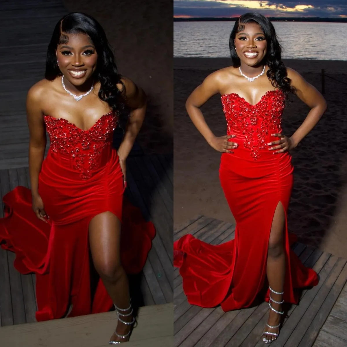 Sexy red mermaid prom dress for black women beads covered formal evening dresses elegant sweetheart dresses for special occasions pleats split robe de soiree