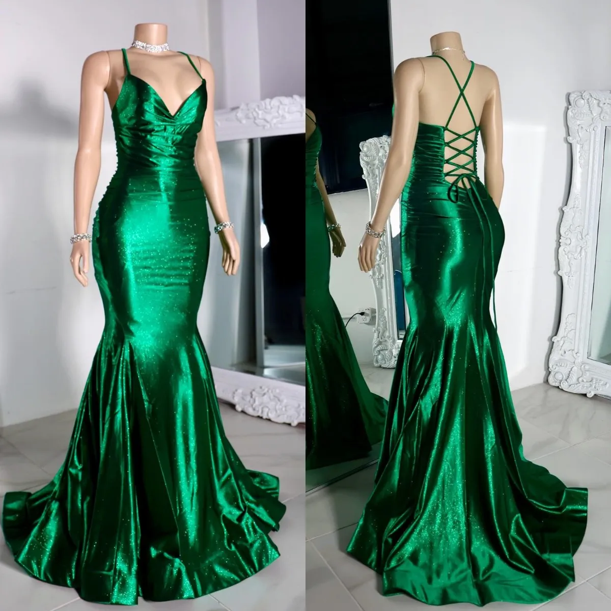 Stunning forest green mermaid prom dress for black women shiny satin formal evening dresses elegant straps dresses for special occasions lace up back robe de soiree