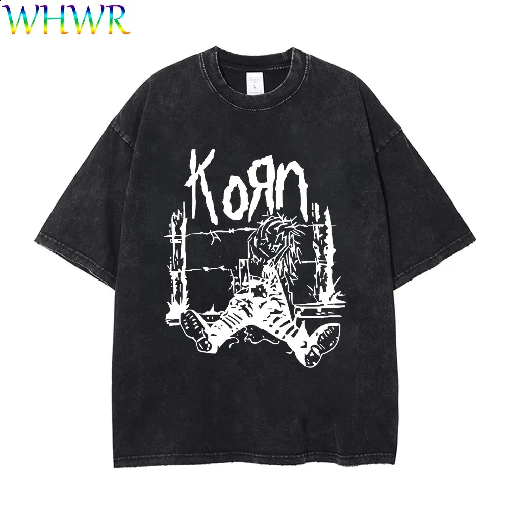 Streetwear Korn Camisetas Verão Vintage Camisetas KORN Rock Band T-shirt Y2k Lavado Retro Camiseta Homens Mulheres Soltas Camisetas de Algodão 240314