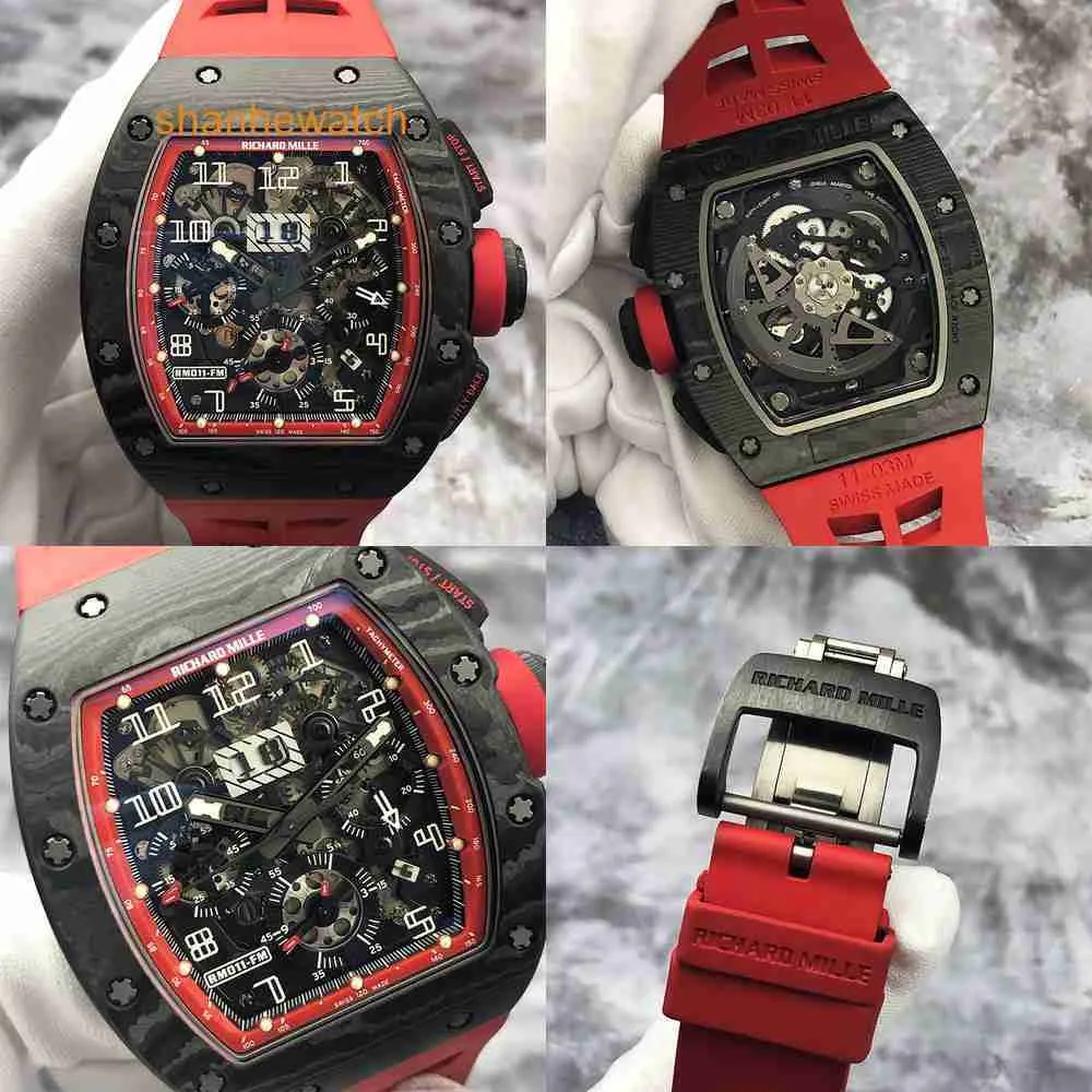 RM011 FM Men s NTPT Carbon Fiber Material Hollow Chronograph Mechanical Watch Barrel Type