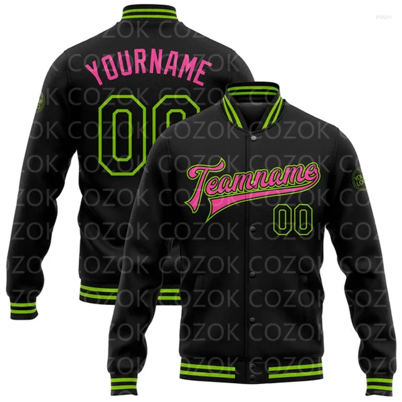 Jaquetas masculinas personalizadas preto verde rosa 3D impresso botão de beisebol jaqueta bomber full-snap varsity letterman