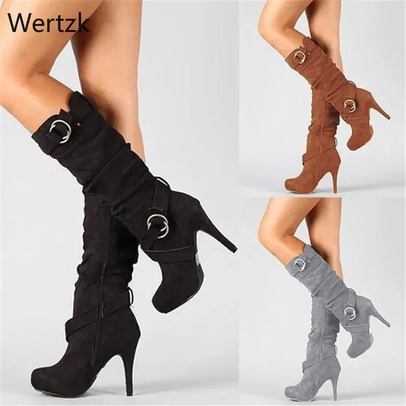 Botas 2019 Knee High Women Boots Thin Heel High Round Platform Fashion Ladies PU Botas de couro Tamanho 3443 Lady Shoes B147