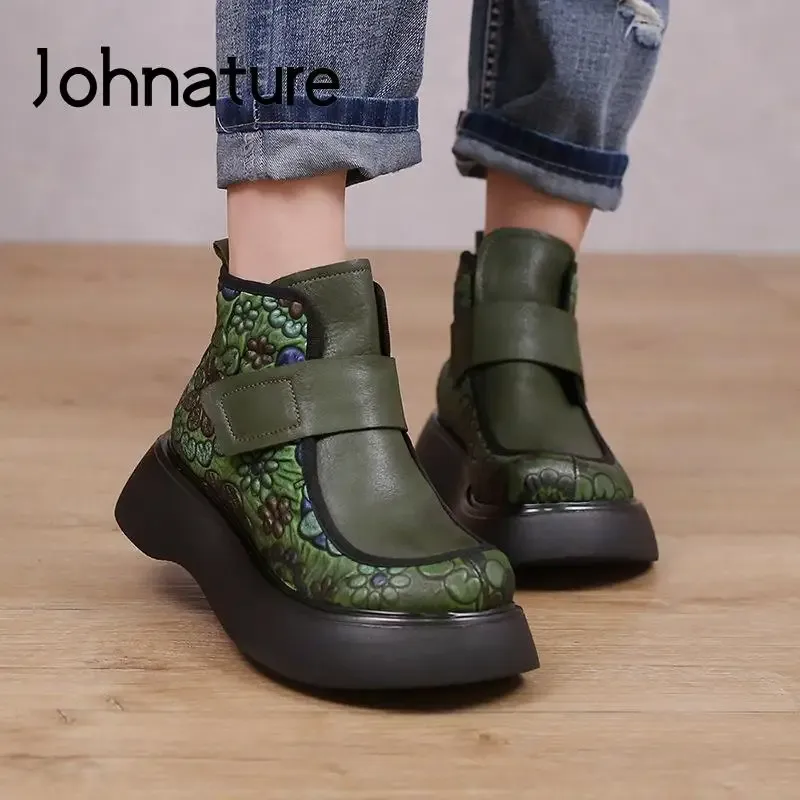 Sandals Johnature Print Shoes Women Boots Genuine Leather 2022 New Hook Loop Round Toe Retro Wedges Sewing Handmade Platform Boots