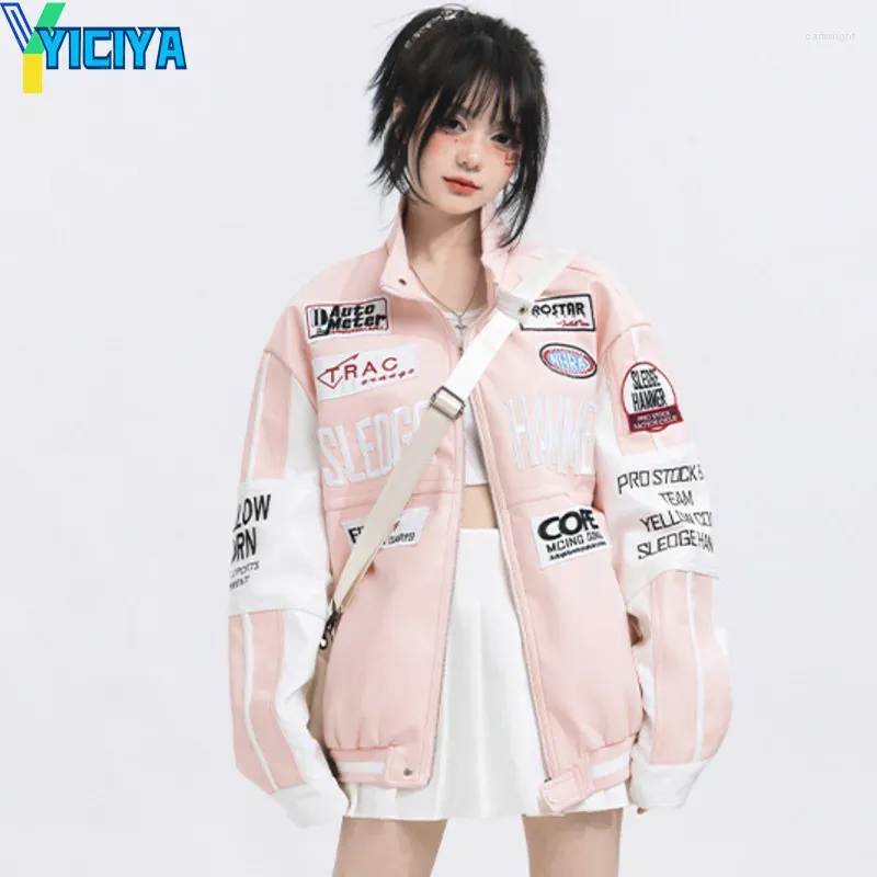 Kurtki damskie Yiciya Kurtka Bomber Women Racing Varsity Pink Leather Motorcycle Baseball American Oversize Y2K Vintage Coat