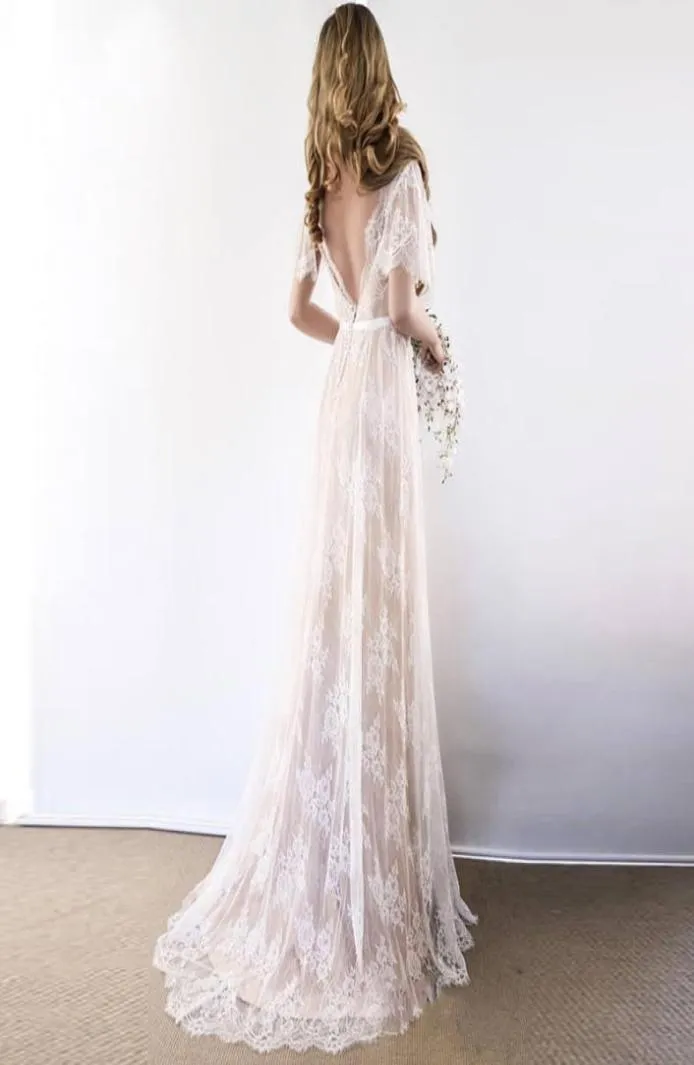 Свадебное платье в стиле бохо 2021 с v-образным вырезом и коротким рукавом, кружевное пляжное свадебное платье с открытой спиной, на заказ, платья невесты Aline7912986