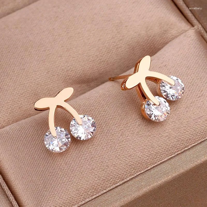 Boucles d'oreilles Style coréen pour femmes, petites cerises en Zircon, simples, en acier inoxydable, bijoux tendance, vente en gros