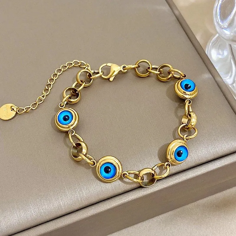 Vintage Blue Eye Charm Chain Bracelet for Women Simple 14k Yellow Gold Bracelet Wrist Fashion Jewelry Bijoux