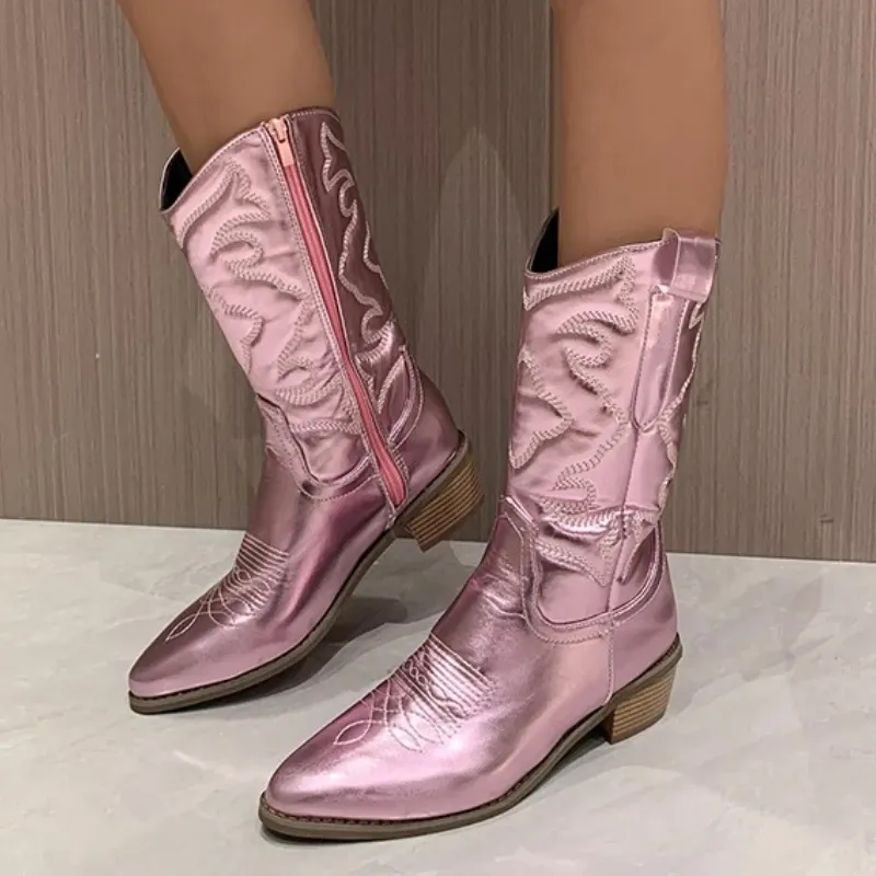 Boots Cowboy Boots de cow-girl rose pour les femmes 2022 Zip brodé à bout pointu à talon