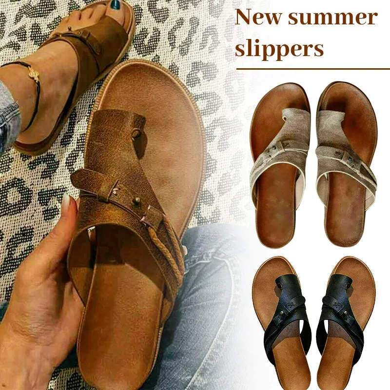 Flops Womens Flat Sandals Comfort Walking Fit Flip Flops Orthopedic Slipper Shoes Summer Plus Size Low Heel Retro Flipflops