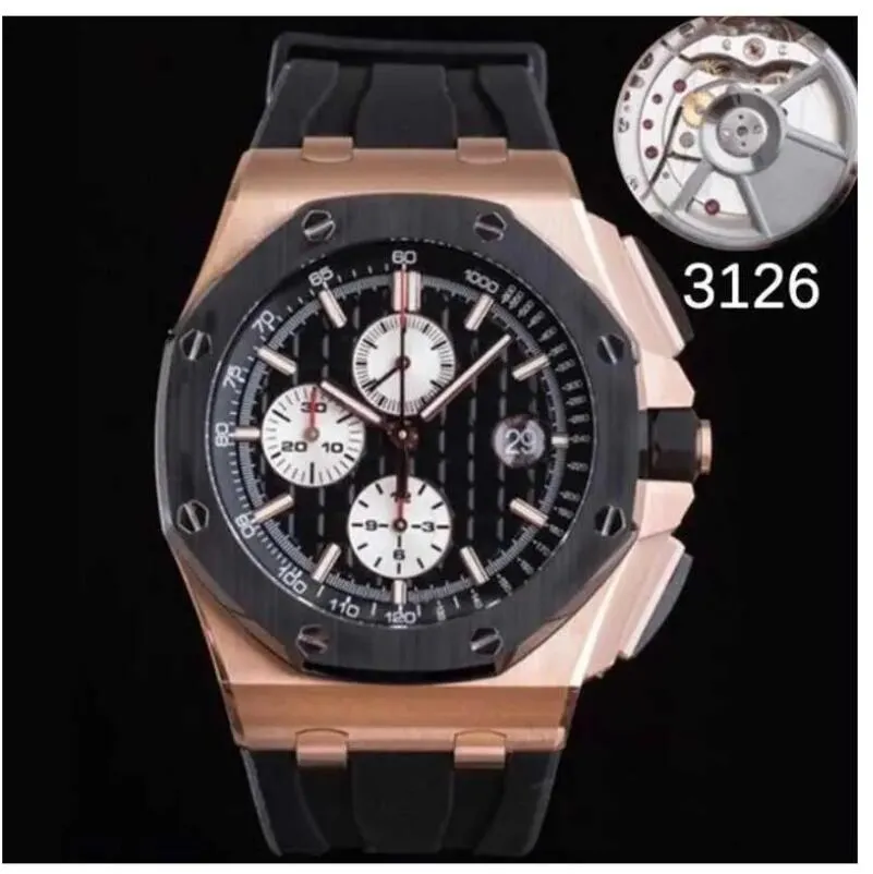 APF Factory Montre de luxe Eta Royaloak pour hommes Cal.3126 Mouvement en or rose 44 mm 26400 Acier inoxydable Caoutchouc Aiguilles de 12 secondes Montres chronographes automatiques étanches