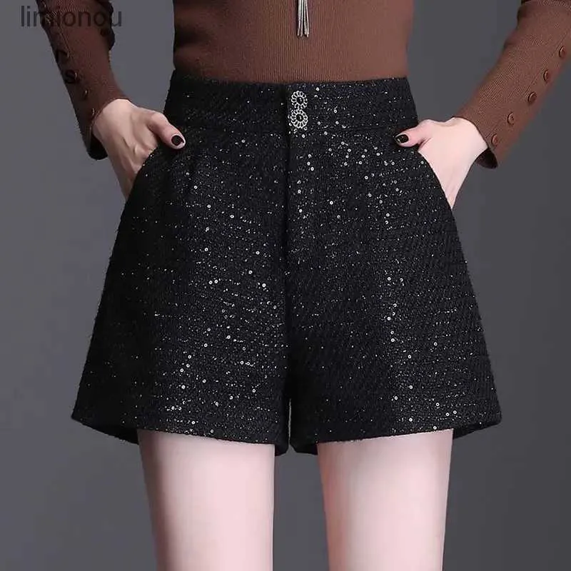 Women's Shorts Womens High Waist Solid Button Pockets Casual Sequined Wide Leg Pants Spring and Autumn Office Lady Fashion Loose Wooien ShortsC243128