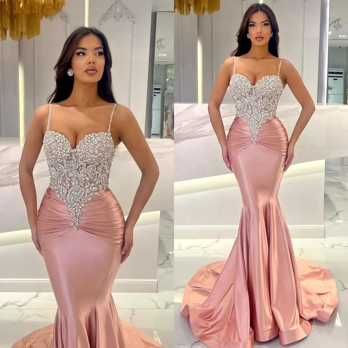 Impressionante vestido de baile de sereia rosa com alças superiores cobertas de cristal vestidos de noite formais vestidos elegantes para ocasiões especiais trem de varredura pregas robe de soiree