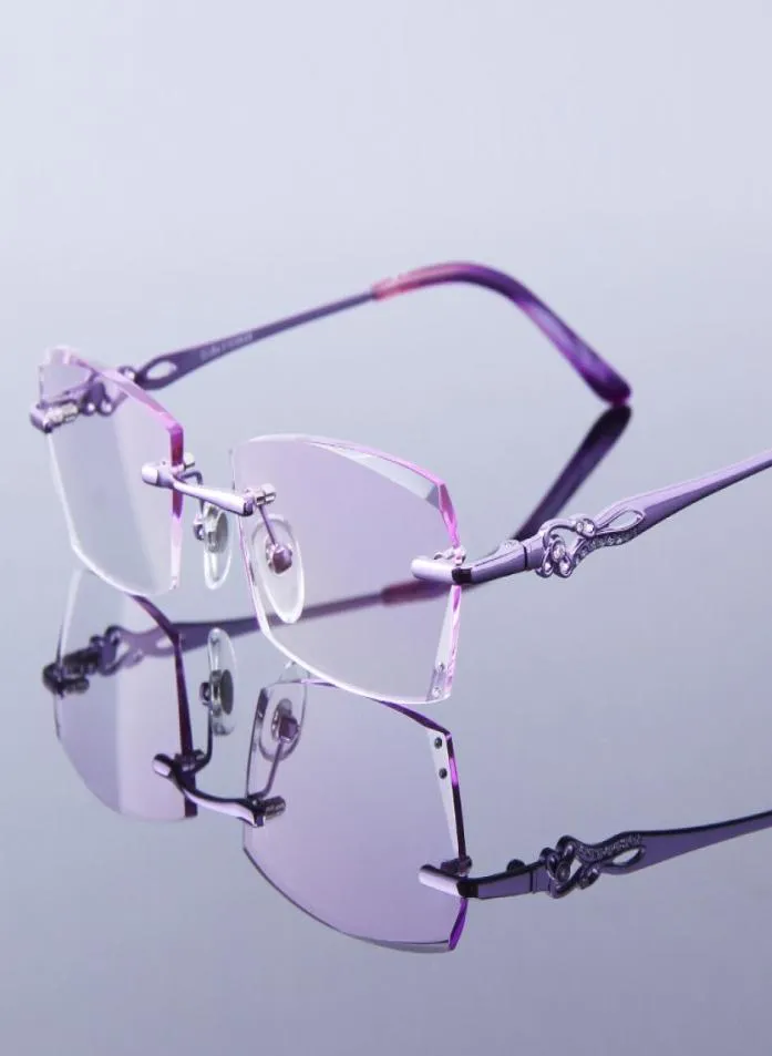 Solglasögon Kvinnor som läser glasögon Rimless Frame Purple Female Hyperopia High Clear Lens Frameless Ladies For Elderly Presbyopic Eye8862728