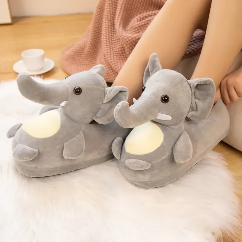 Bottes dessin animé plein couvert d'éléphant hippo glissades d'hiver chaudes glissades de poupée moelleuse douce chaussures de chambre mignonne pour homme à la maison