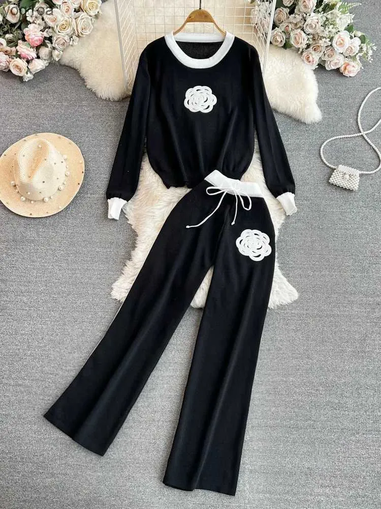 Women's Two Piece Pants Womens Knitted Sets Tracksuit Pants Suits Autumn New Long Sleeve Flower Pullover Sweater + Wide Leg Pants Casual Two-piece SetsL2403