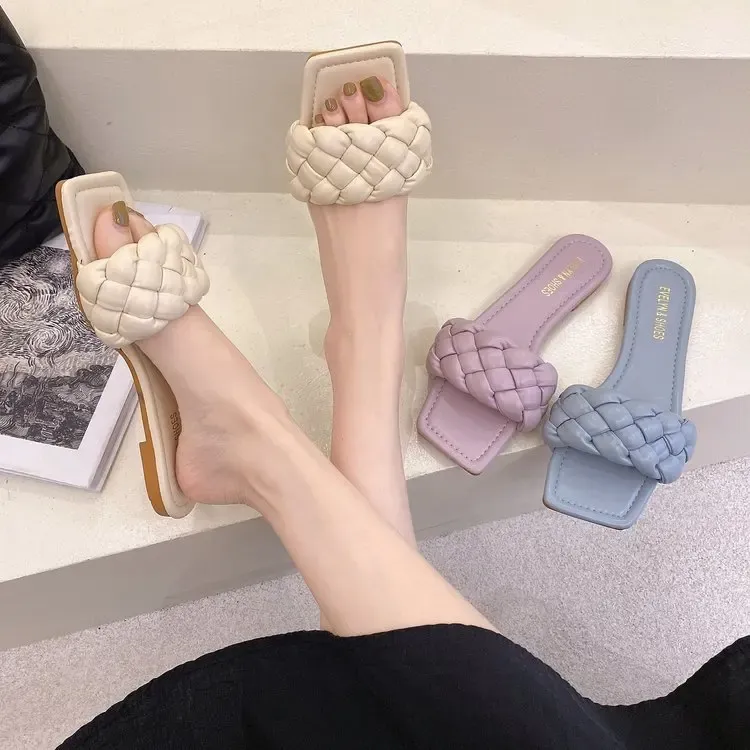 Slippers 2021 Women Weave Slippers Woman Summer Beach Sewing Square Toe Slides Female Casual Solid Flats Ladies Plus Size Footwear
