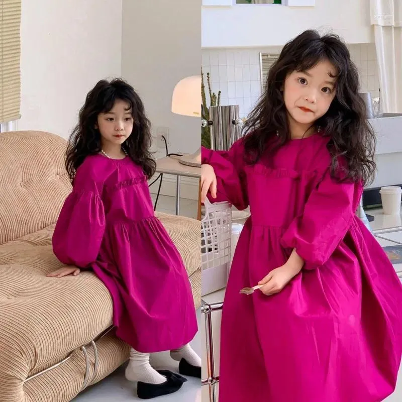 Flickklänningar Girls 'Dress Spring 2024 Korean Lantern Sleeve Princess Long Kjol för barn Kläder 2-8 år