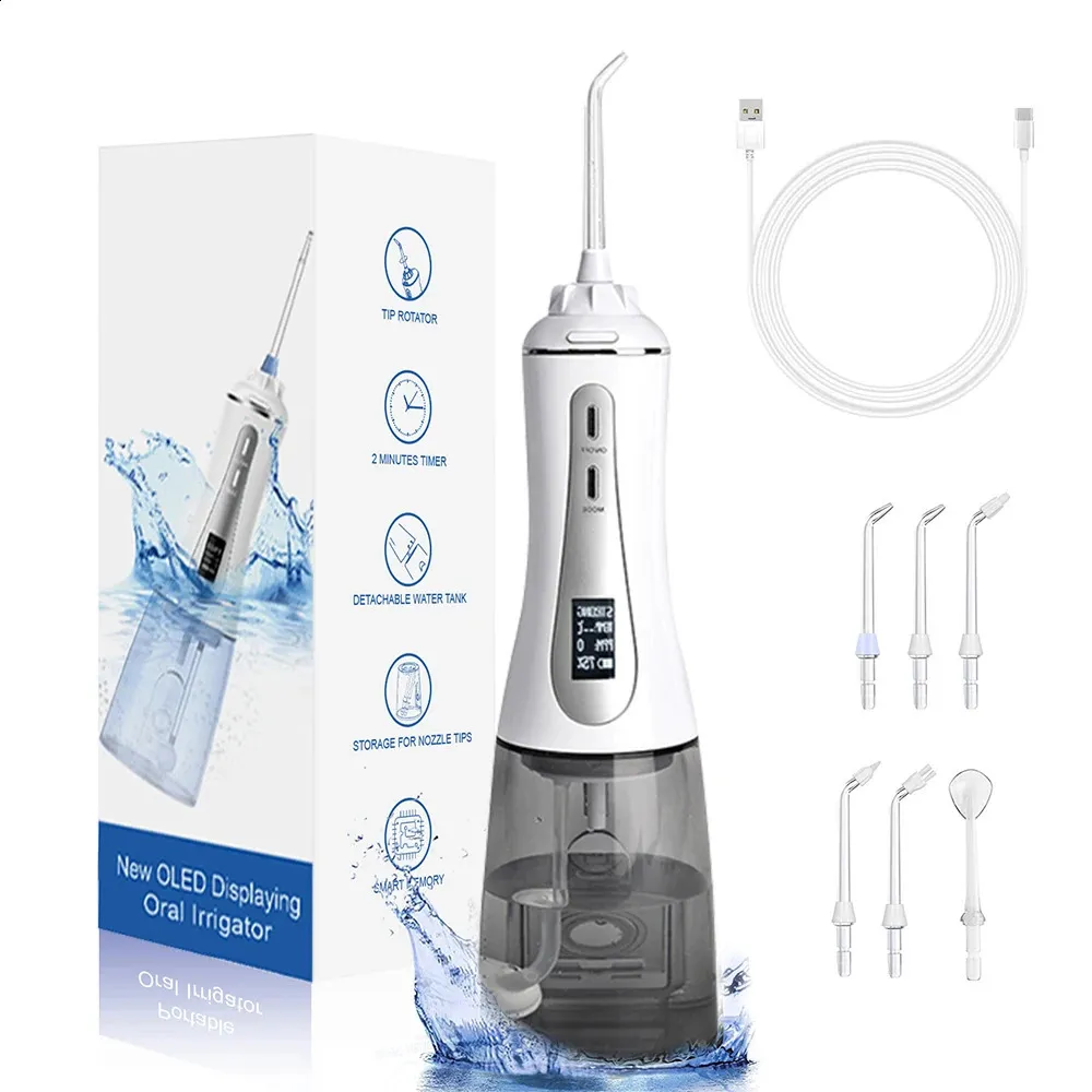 Fairywill Oral Irrigator OLED Display Water Flosser 5 Modes Portable Jet d'eau dentaire 350ML Réservoir d'eau Nettoyeur de dents Charge USB 240307