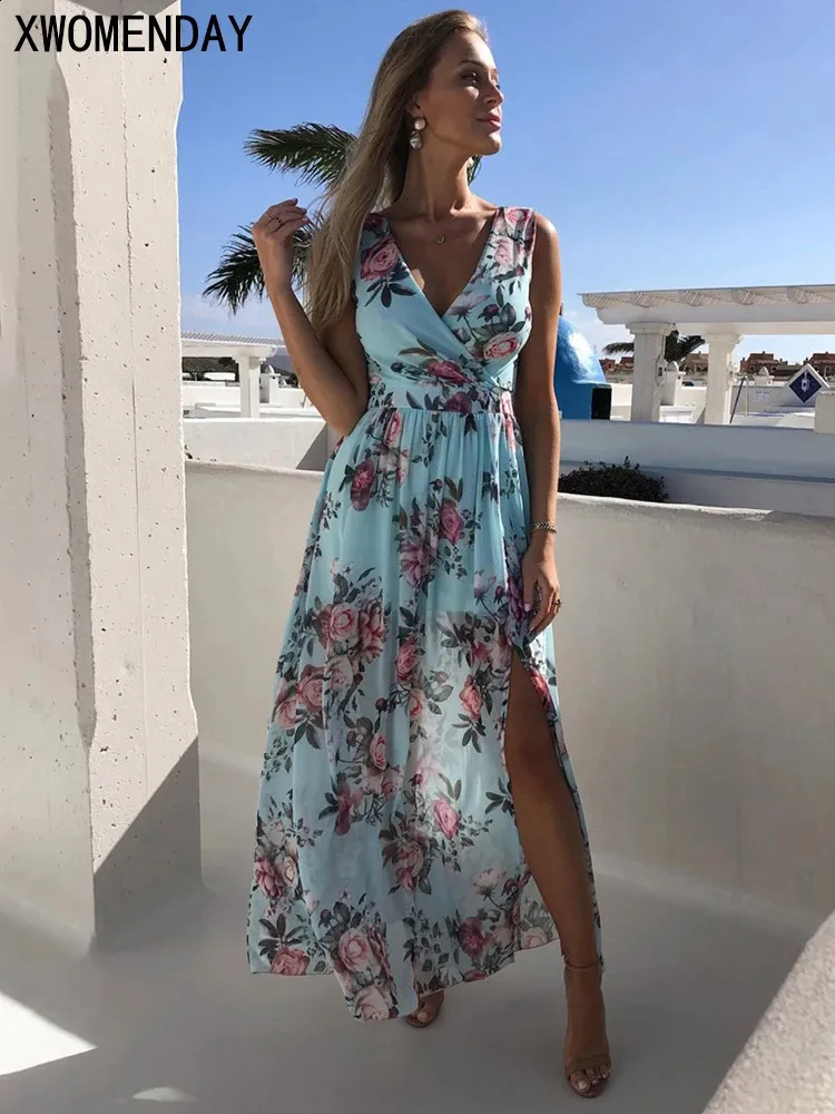 Abito in chiffon rosa elegante donna stampa floreale Split Beach Holiday abiti lunghi lunghi per le donne vestiti estivi Arrivo 240318