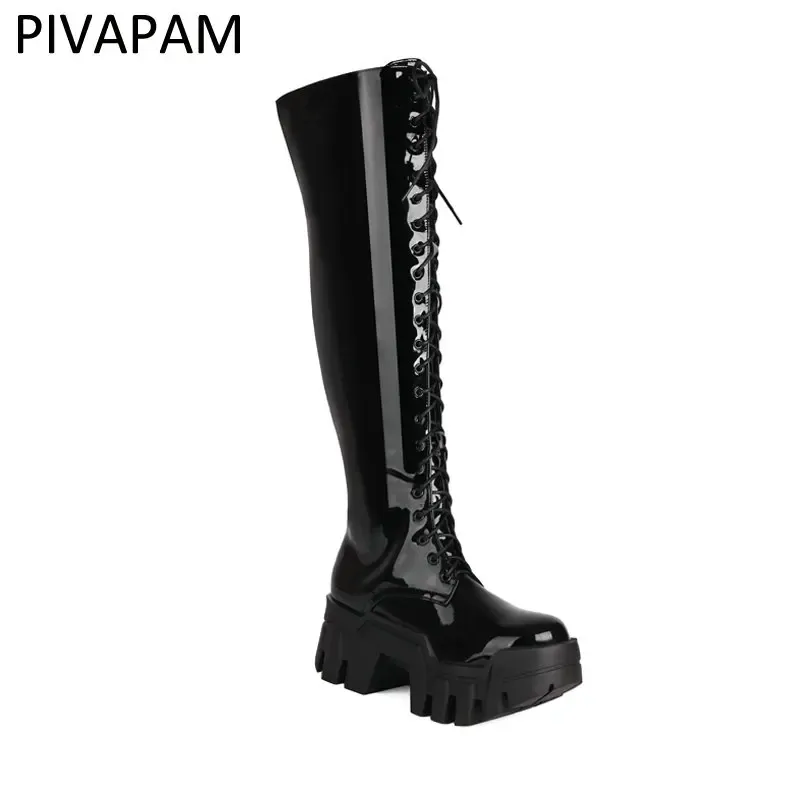 Laarzenplatform laarzen voor dames dikke hoge hakken knie hoog zwart veter mode gothic gothic laarzen punk schoenen meisjes winterlaarzen