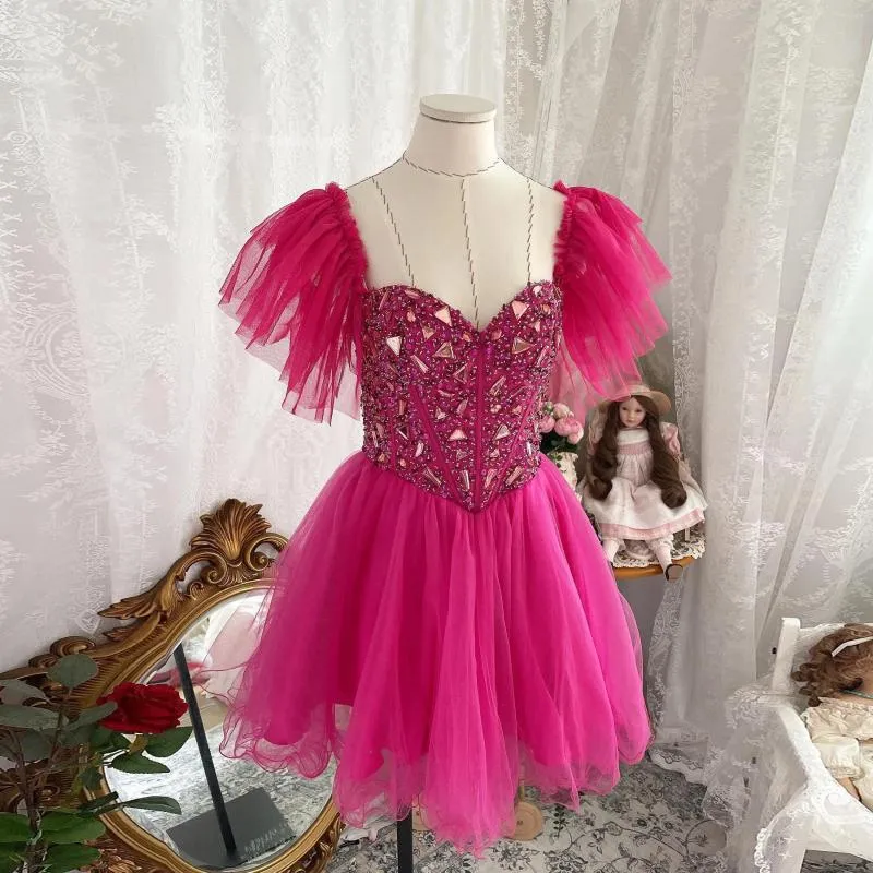 Casual Jurken Glitter Kralen Kristallen Tule Vrouwen Jurk Voor Brithday Parety Mooie Ruches Mesh Meisjes Prom Jassen Zoete Mini Zomer