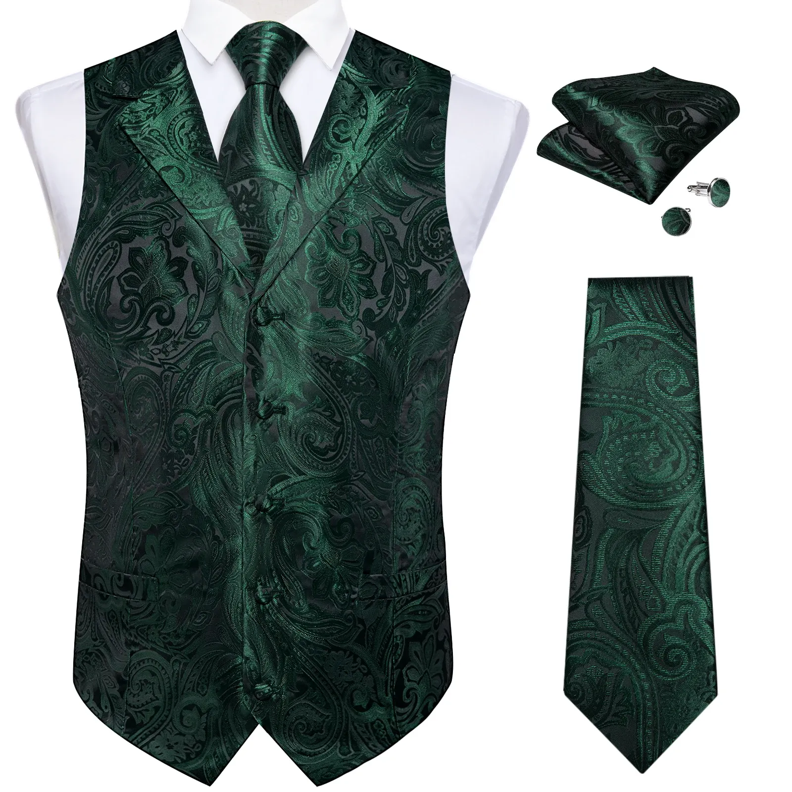 Vêtes Green Dark Men de gilet Collier Collier Business Tuxedo Robe Washingtcoat Luxury Paisley Coldie Pocket Square Cuffinks for Wedding