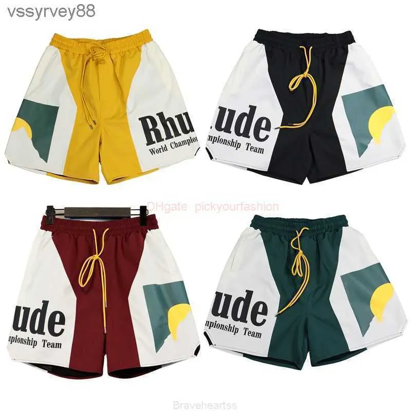 Designer Short Fashion Casual Clothing Beach Shorts Rhude Panel Sunset Letter Printed Color Block Shorts Mens Womens Summer Loose Capris Joggers Sportwear O H051