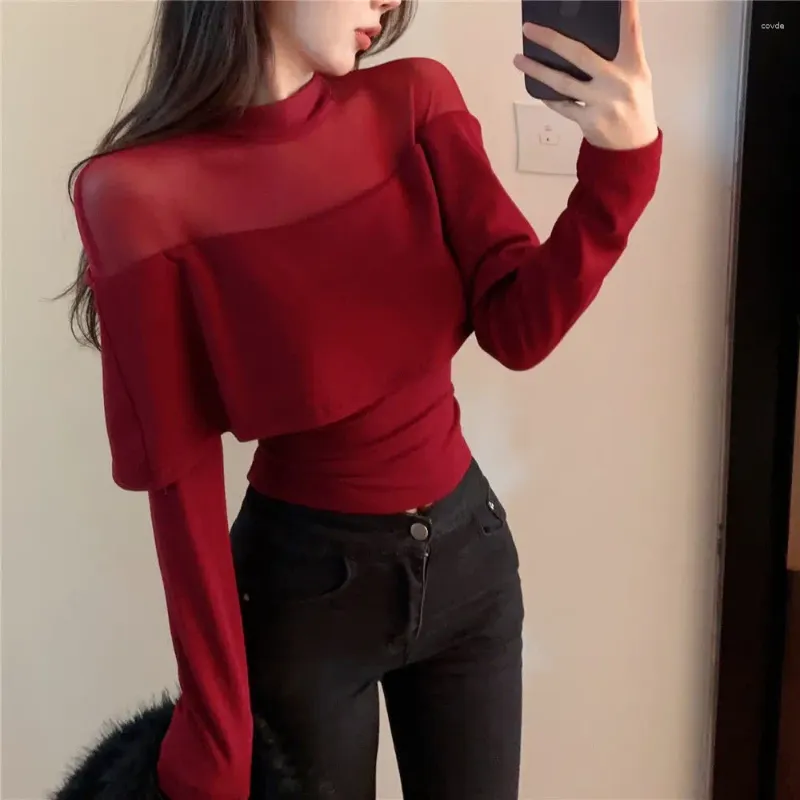 T-shirt da donna Red Ladies Undercoat Casual Tops Autunno Inverno Thin Solid Color Pullover 2024 Vintage Clothing Sexy Slim T-shirt
