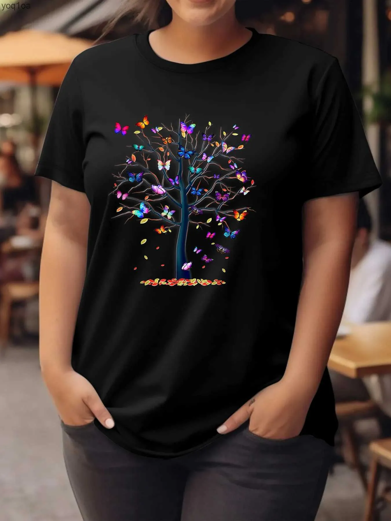 T-shirt da donna Taglie forti moda casual T-shirt colorata farfalla albero Abbigliamento donna T-shirt grafica Vintage unisex casual femminile Top TeesL2403