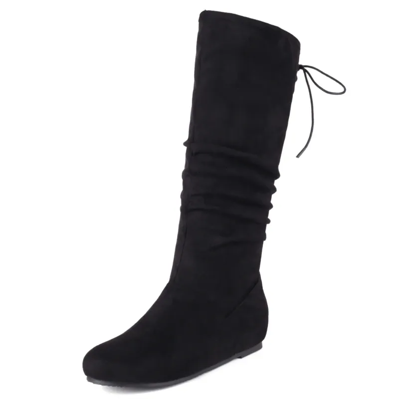 Stiefel schwarze Kniestiefel für Frauen Winter 2023 Faxu Wildleder lässig Langstiefel Keilheels Casual Winterschuhe weiblich große Größe 45 50