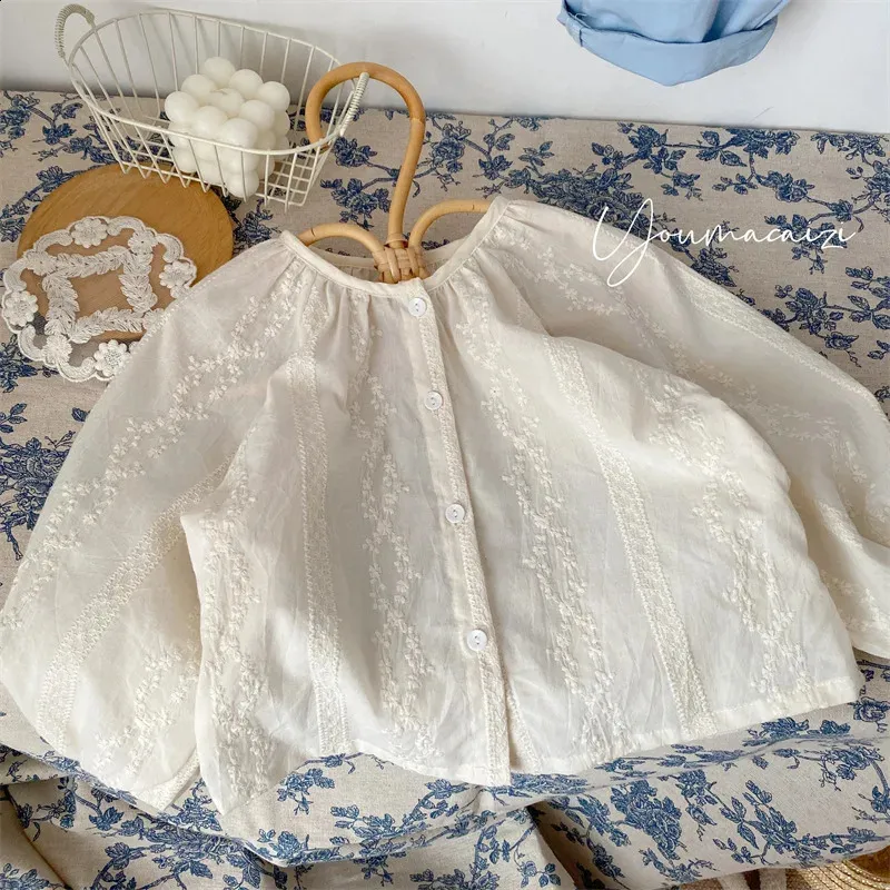 Deer Jonmi – chemisiers beiges en coton brodé pour bébés filles, hauts à manches longues, de Style coréen, chemises décontractées pour enfants en bas âge, printemps, 240314