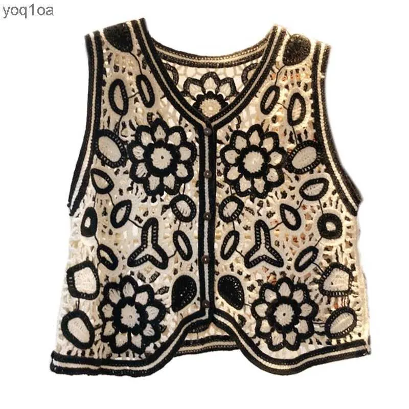 Women's Vests Boho Women Crochet Knit Vest Waistcoat Vintage Colorful Floral Pattern Sleeveless Cardigan for Jacket Hippie V-Neck CropL2403