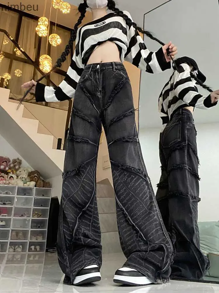 Женские джинсы 2023 Y2K Уличная одежда Выстиранные черные мешковатые джинсовые брюки для женщин Платья Прямые длинные брюки в стиле хип-хоп Lady Goth Ropa MujerC24318