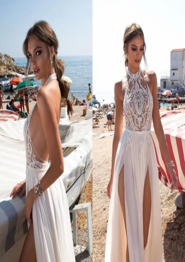 2023 Gali Karten Beach Dress Dress Side Split Halter Illusion Sexy Boho Wedding Deters Sweep Train Pearls Backless Bohemian Bride6542259