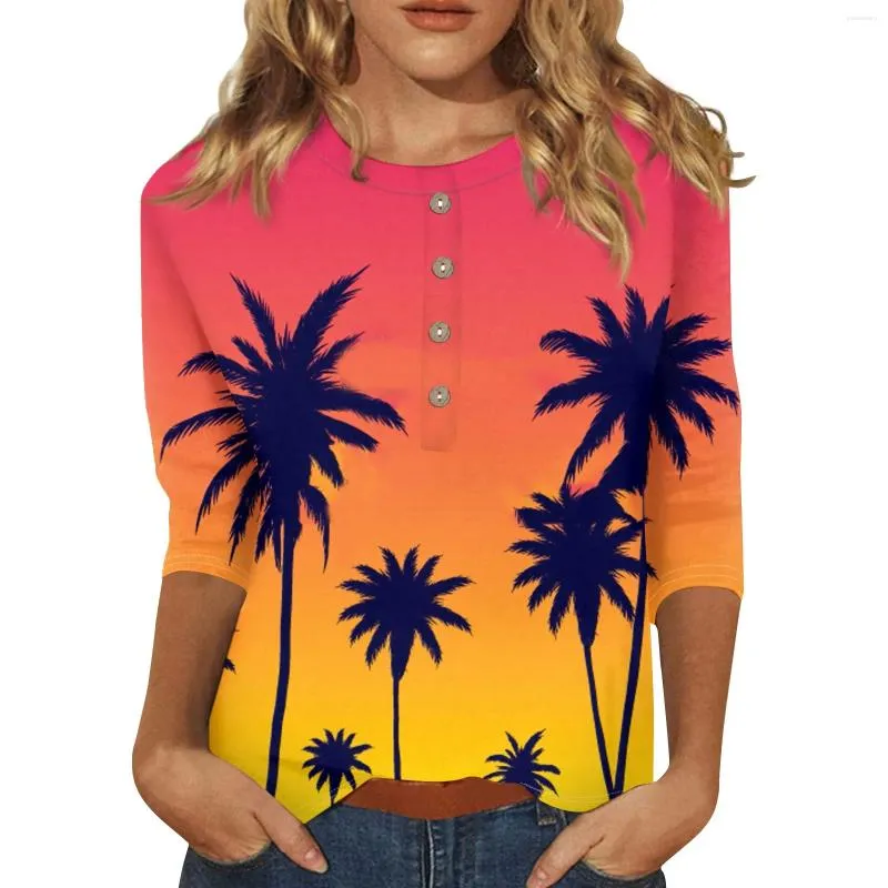 T-Shirts pour femmes, imprimé hawaïen, manches trois quarts, col boutonné, haut décontracté avec une Base, à la mode, pour dames, 2024