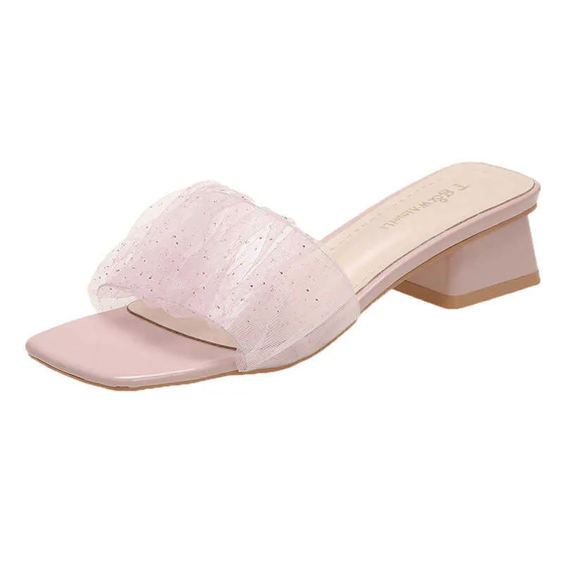HBP icke-varumärke transparenta sandaler tofflor fyrkantig tå tjock häl fairy stil yttre slitskor blommor mesh glidsandaler