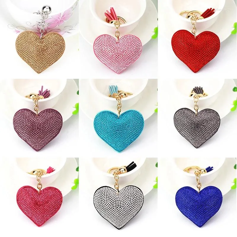 Keychains 12 Colors Gold Plated Heart Keychain Leather Tassel Holders Metal Crystal Key Chains Keyring Charm Bag Car Pendant Gift