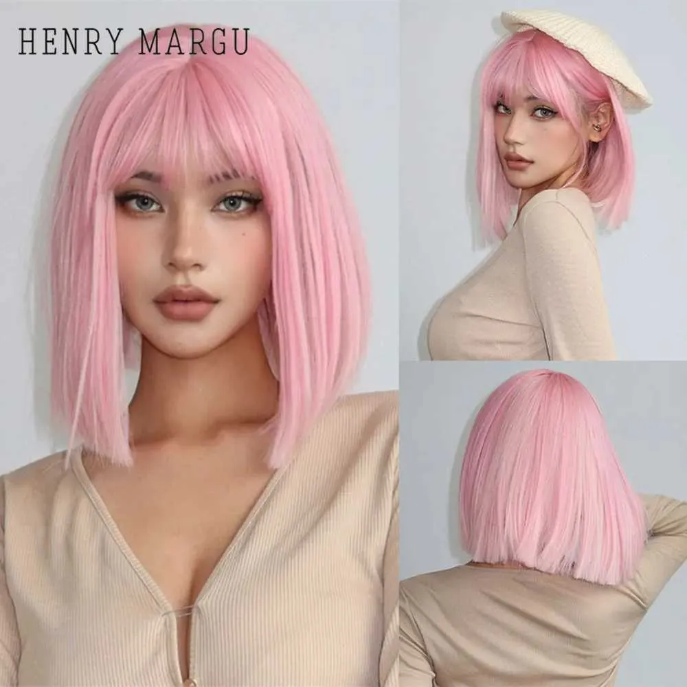 Sentetik peruklar Henry Margu Kısa Pembe Peruk Patlamalar Düz Bob Pembe Peruk Sentetik Saç Pembe Renkli Cosplay Partisi Peruk Kadınlar İçin 240328 240327