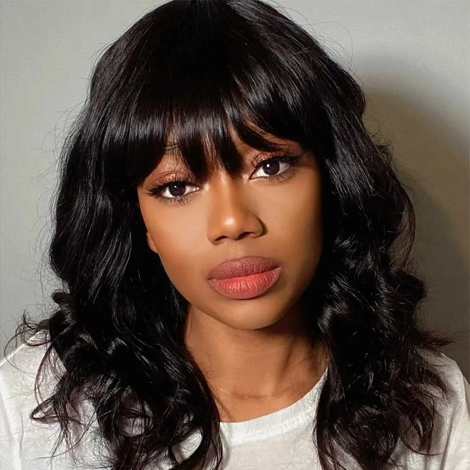 Synthetic Wigs Body Wave Short Bob Human Hair Wig With Bangs Full Machine Made Glueless For Black Women Brazilian Water Wave Bob Wig With Bangs 240328 240327